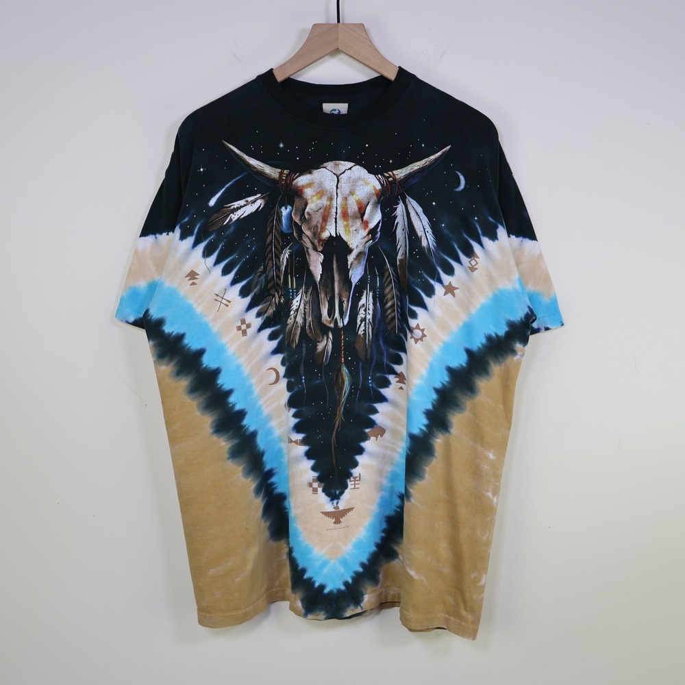 Vintage 2003 Liquid Blue Steer Skull Bison Native American Tie Dye T-Shirt XL